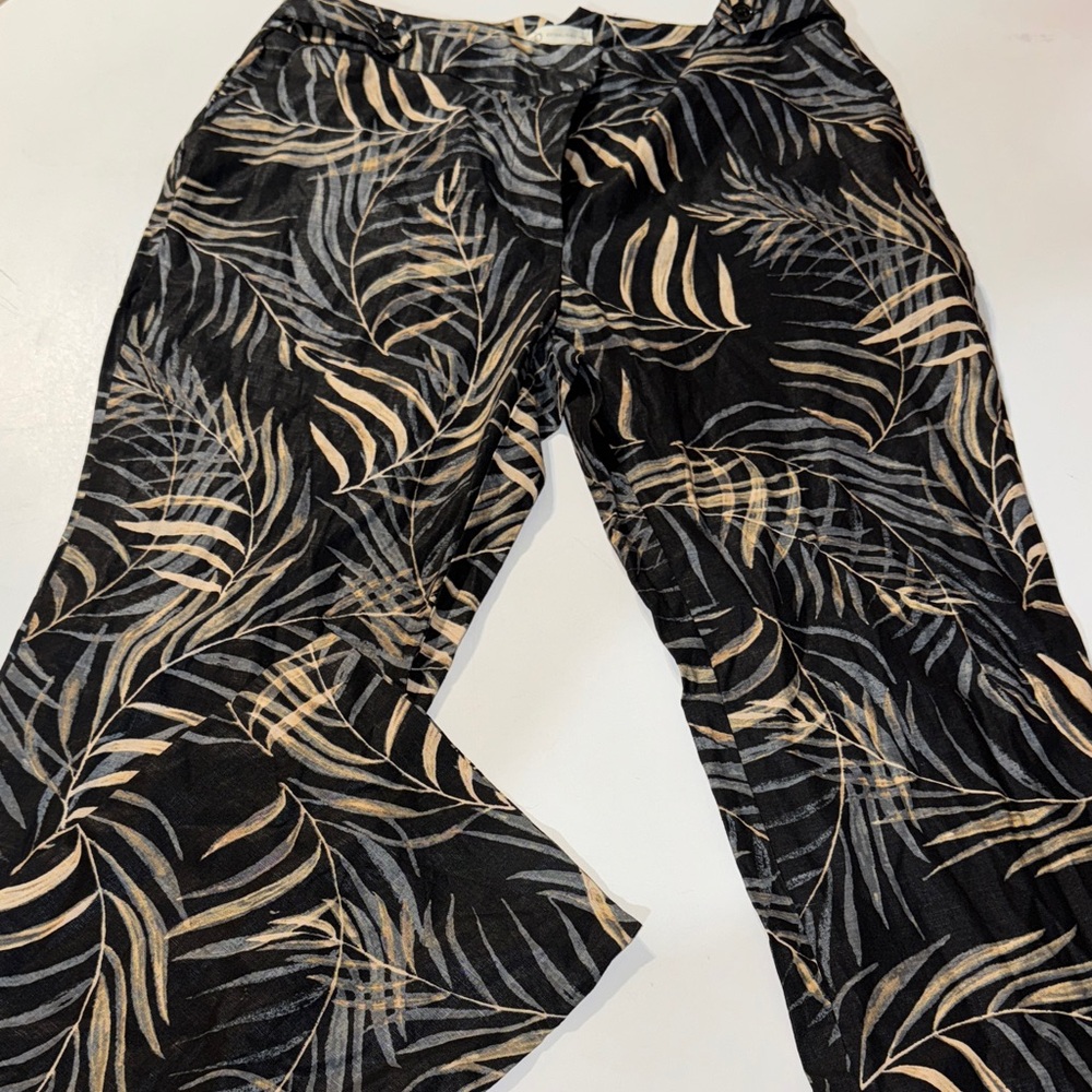 Cato Black and Beige Leaf Print Linen/Cotton Pants‎